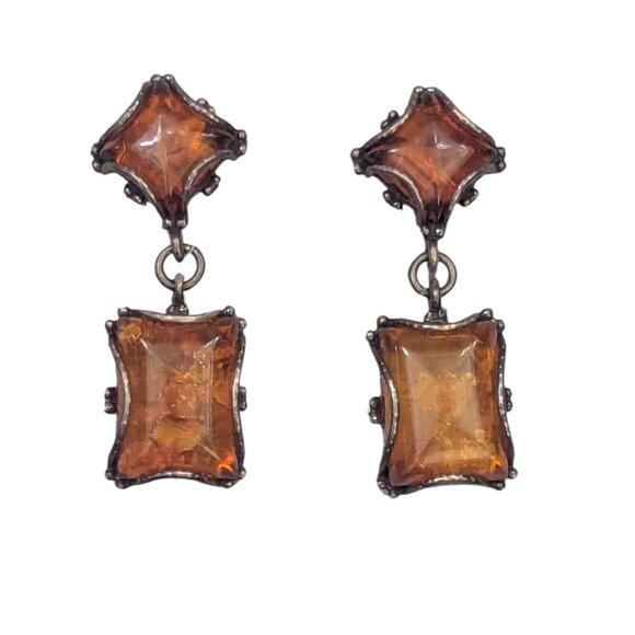Vintage Amber Acrylic Gold Brass Metal Cocktail Dangle Earring Great Gatsby Boho - Picture 2 of 7